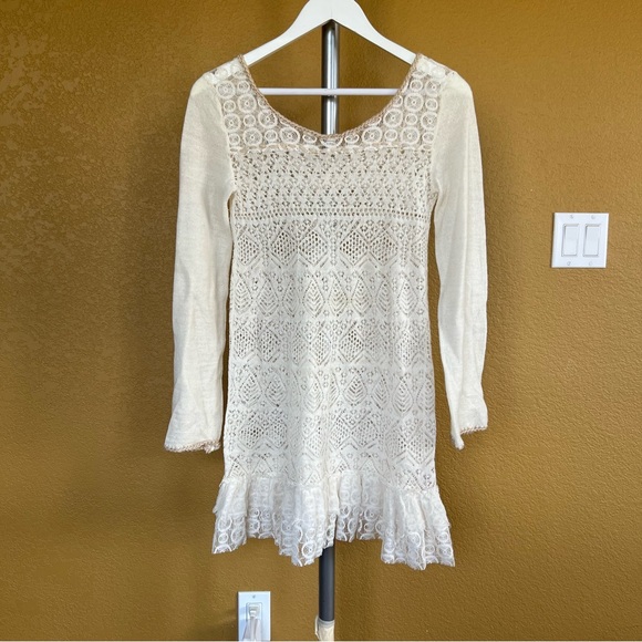 Free People Ivory Open Knit Ruffle Lace Long Sleeve Sweater Tunic Mini Dress - Picture 3 of 9